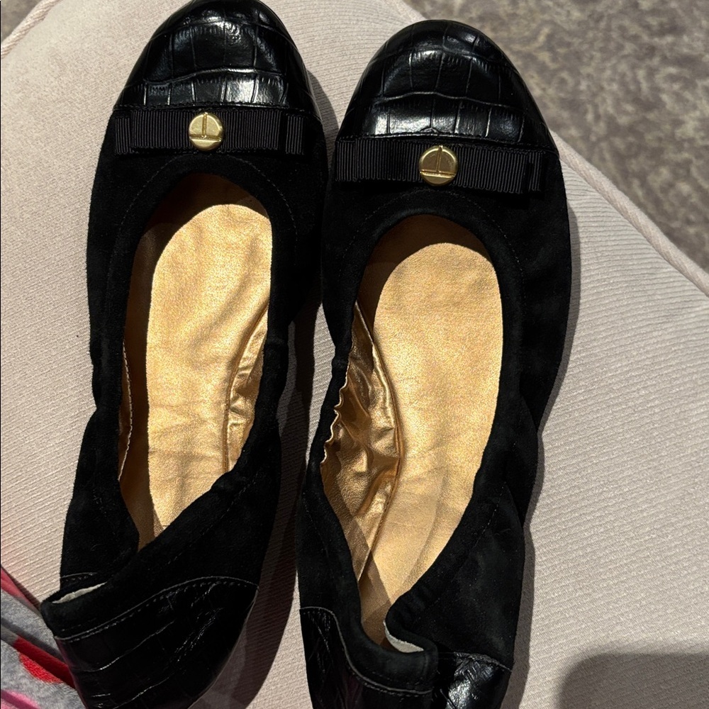 Tahari Black Flats with Gold Accents